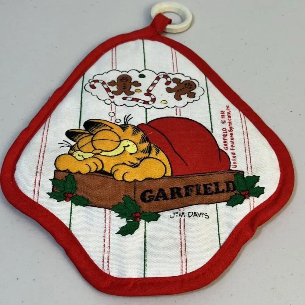 VTG 1978 Garfield Red Christmas Fabric Pot Holder Jim Davis Wooden Ring Holder